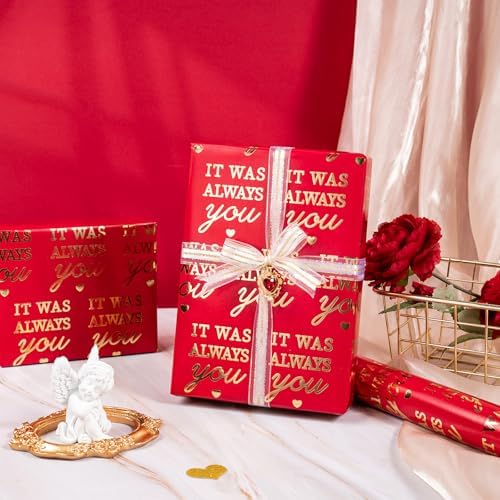 WRAPAHOLIC Valentines Day Wrapping Paper Roll - Mini Roll - 17 Inch x 16.5 Feet - Red Wrapping Paper with Gold Foil It Was Always You for Valentine's Day, Anniversary, Birthday, Wedding