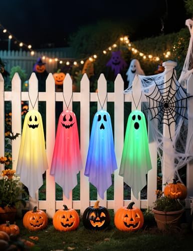Halloween Decorations Outdoor Indoor 4 Pack Hanging Ghosts Halloween Haunted House Light Up Kit Decor for Tree House Yard Porch Window Bedroom Party