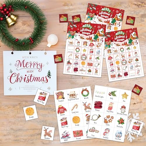 Christmas Bingo Game, Merry Christmas Party Games for Adults, Xmas Bingo Game Cards for Large Group Family Friends Activities, Winter Holiday Party Decor Supplies, 07