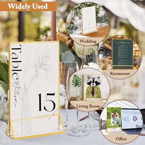 Floroom 12 Pack 5x7 Inch Clear Acrylic Sign Holders, Double-Sided Gold Display Stand Picture Frames for Table Numbers, Menus, Flyers, Weddings, and Offices