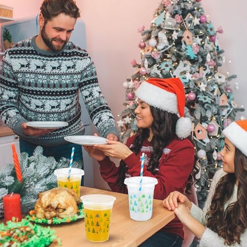 Funnymoom 50 Sets Christmas Disposable Plastic Cups Bulk with Lids Straws 16 oz Red Green Xmas Tree Plastic Cups Cold Beverage Drinking Container for Xmas Holiday Juice Hot Cold Drinks