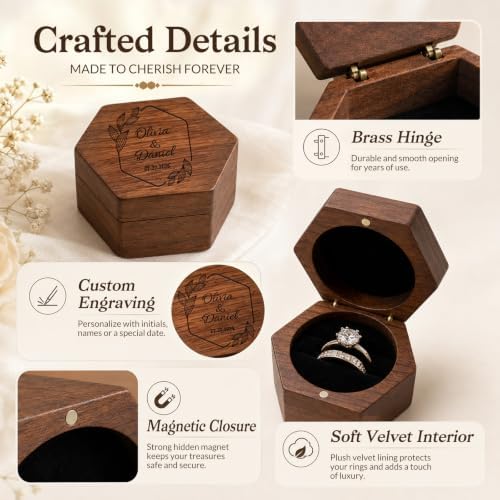 Personalized Wedding Ring Box, Custom Name and Date, Hexagon 3-Slot Design