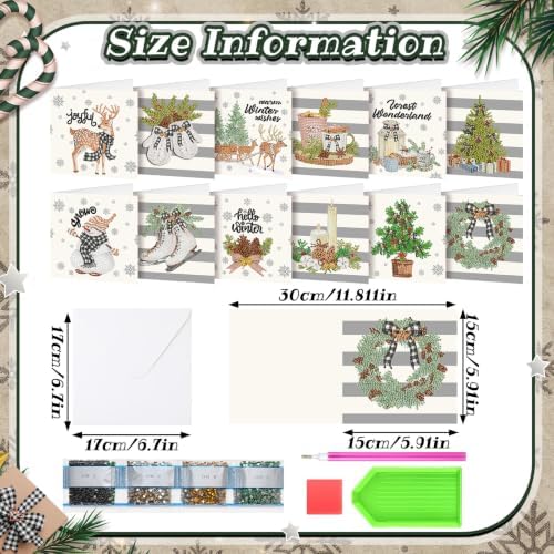 Saillong 12 Pack Neutral Christmas Diamond Painting Greeting Card Kits DIY Gray Christmas Diamond Art Cards with Envelopes Xmas 5D Rhinestones Painting Kit for Adults DIY Craft Family Friend Xmas Gift