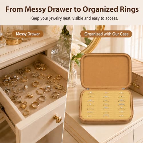 GWCASE Ring Organizer Box, 42-Slot Hard Shell Case, Holds 50+ Pieces, khaki