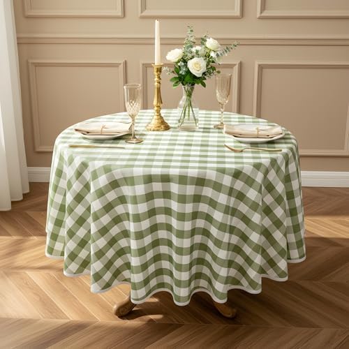 Green and White Gingham Tablecloth, Spring Plaid Waterproof Table Cover for Easter, Indoor Dining, Kitchen Table, Garden Picnic, Washable Rectangle Tablecloth for Home Use, 60" Round