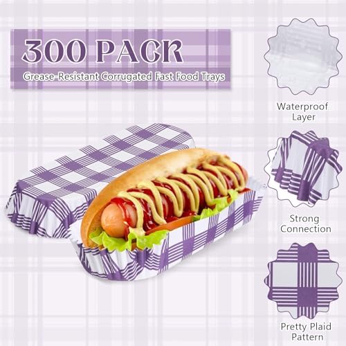 Yinkin 300 Pcs Paper Hot Dog Trays Food Trays 6 Inch,Purple,Checkered