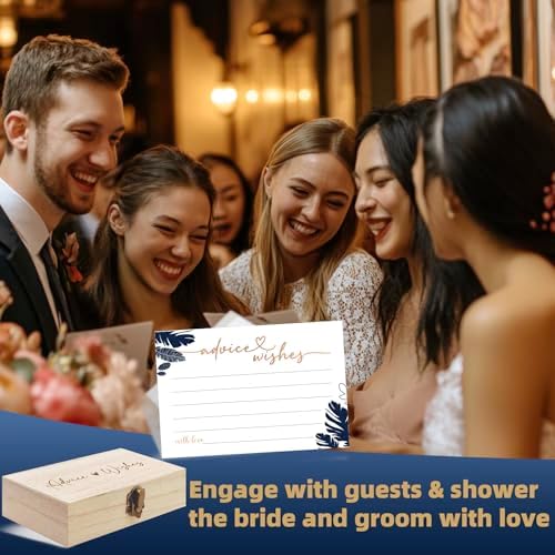 Navy Blue Advice and Wishes Cards with Decorative Wood Box - 60 Pack Tropical Palm Leaves Message Cards - Keepsake Guest Book Alternative for Graduation, Wedding, and Anniversary