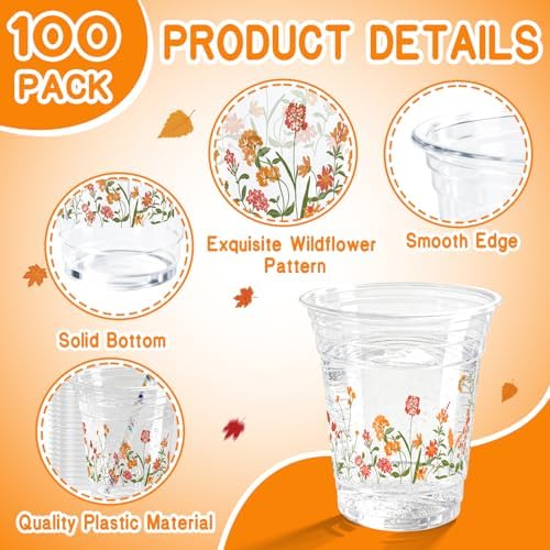 100 Pcs Fall Flower Plastic Cups 12oz Floral Wildflower Disposable Clear Cups for Autumn Birthday Fall Party Supplies