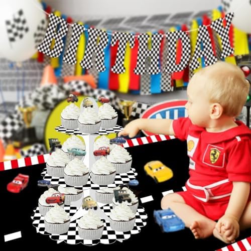 3-Tier Racing Theme Cupcake Stand, Black White Checkered, 1-Pack