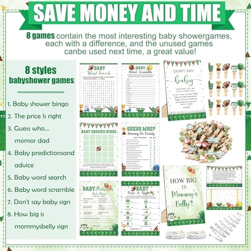 Funnymoom 426 Pcs Football Baby Shower Games, 8 Games Bingo Advice Cards