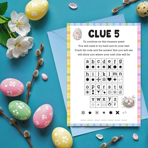 Easter Scavenger Hunt Games, Easter Treasure Hunt Clues Game Cards, Family Party Games for Kids and Adults, Holiday Party Game for Activities Decorations Supplies, 5x7 Inch (Indoor)-A02
