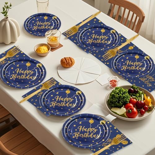 48PCS Happy Birthday Plates and Napkins Party Supplies, Blue and Gold Disposable Paper Plates and Napkins with Forks Tableware Set for Birthday Party Decorations 16 Guests (Pack of 2)