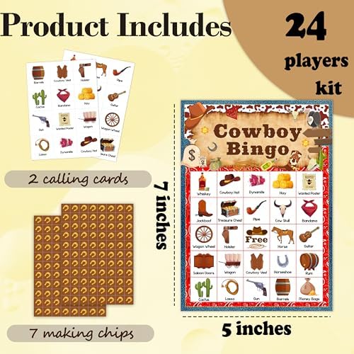 Cowboy Bingo Game Cards for Adults, Western Bingo Cards Game for Family Holidays Friends Gatherings, Ideal for Wild West Themed Party Games, 24 Players Birthday Party Supplies Favors, 012