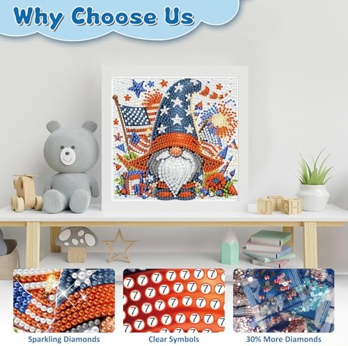 Gnome Diamond Art Kits for Kids with Frame, American Flag Diamond Painting Kits for Kids Ages 4-8-12, 4th of July Easy Diamonds Gem Art Crafts for Girls Boys, Gift Package for and Home Decor(7x7inch)