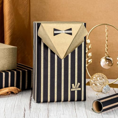MAYPLUSS Black Wrapping Paper Roll, 17IN x 16.5FT Reversible Gold gift Wrap