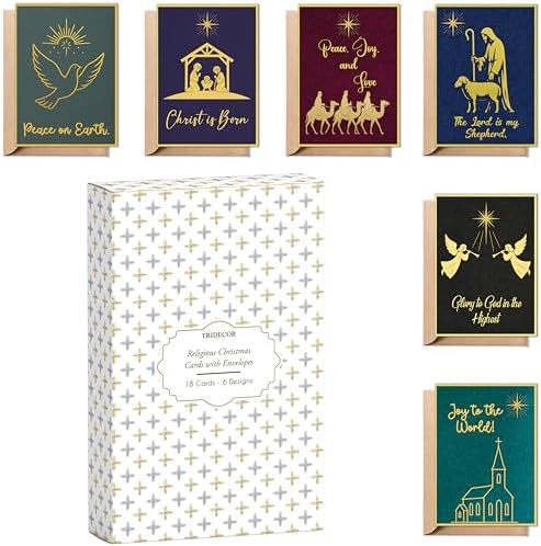 Religious Christmas Cards, 18 Folded 5x7 Glitter Cards with Envelopes