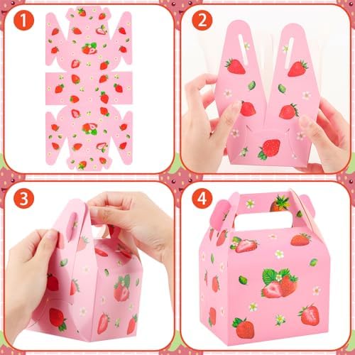 24 Pieces Strawberry Party Favor Boxes Gable Candy Treat Box Folding Paper Gift Box with Handles Fruit Party Favors for Strawberry Themed Sweet Birthday Party Baby Shower Wedding Decoration Supplies