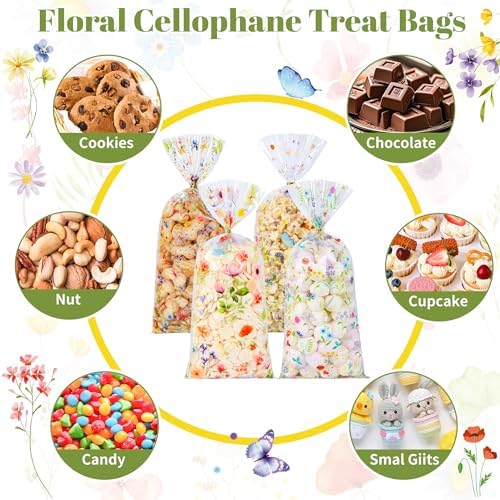 QOIUSO 50 PCS Wildflower Party Cellophane Treat Bags - 4.9 x 10.8 Inch Plastic Floral Party Favor Bags with Twist Ties - Clear Candy & Cookie Gift Bags for Baby Shower, Bridal, Wedding, Birthday