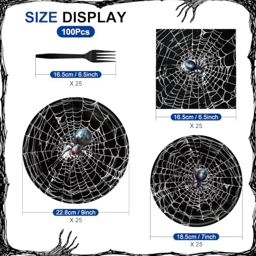 100 Pcs Halloween Spider Web Party Tableware Set – Disposable Spider Plates, Napkins and Forks with Black Spider Web Design for Halloween Party Decorations, Haunted House and Spooky Celebrations