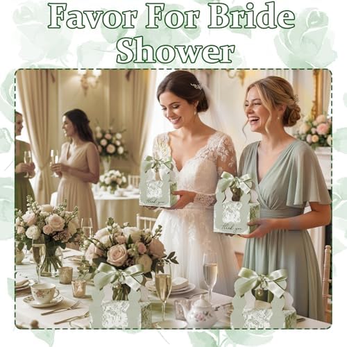 ForraFun 50 Sets Floral Wedding Favor Boxes with Pearl Pendant Bow, Green