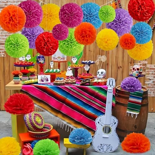 Recosis Fiesta Party Decorations, 18 Pcs Multicolor Paper Pom Poms