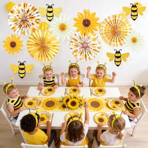 SUNBEAUTY Sunflower Party Decorations Sunflower Birthday Paper Fan Decorations with Bees Yellow White Sun Flower Wall Hanging for Baby Shower Summer Garden Party Classroom Bulletin Board Decoration