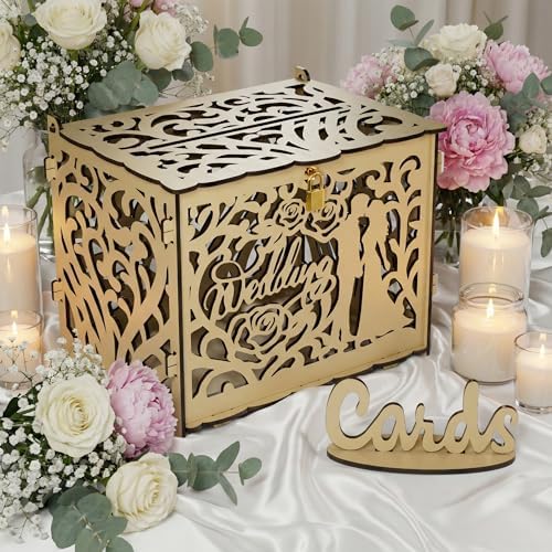 Jolik Rustic Wedding Card Box with Sign, Locking Gift Collection Money Holder for Wedding Reception & Party Decor, Gift Card & Envelope Storage, Anniversary & Birthday Party Decoration (Yellow)