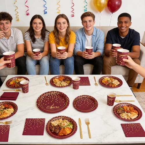 168Pcs Maroon and Gold Paper Plates and Napkins Party Supplies for 24 Guest