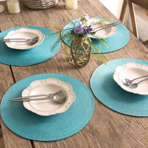 FunWheat Round Braided Placemats Set of 6 Table Mats for Dining Tables Woven Washable Non-Slip Place mats 15 inch(Turquoise, 6pcs)
