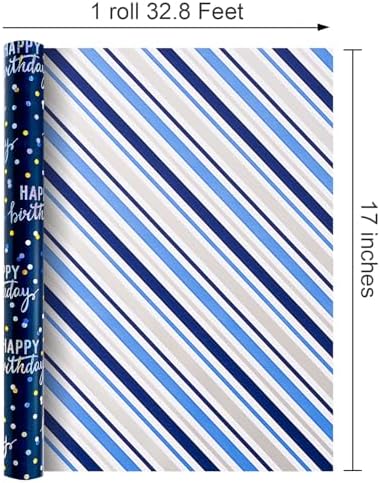 MAYPLUSS Birthday Wrapping Paper Roll, Blue Metallic Holographic Happy Birthday Wrapping Paper Featuring Revesible Stripe Gift Wrap Paper for Boys Kids Girls Men, 17 Inches x 33 Feet