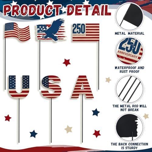 Pickmesh 6 Pcs 4th of July Outdoor Decor Metal Yard Signs 12 Inch USA Eagle