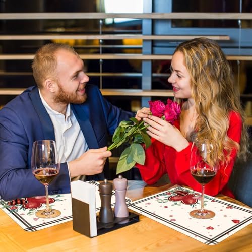 6 Set Valentine's Day Placemats, 11x16 Inch Heart Eucalyptus Leaves Branches Plastic Placemats Red Heart Branches Spring Holiday Table Mats for Wedding Party Festival Decor