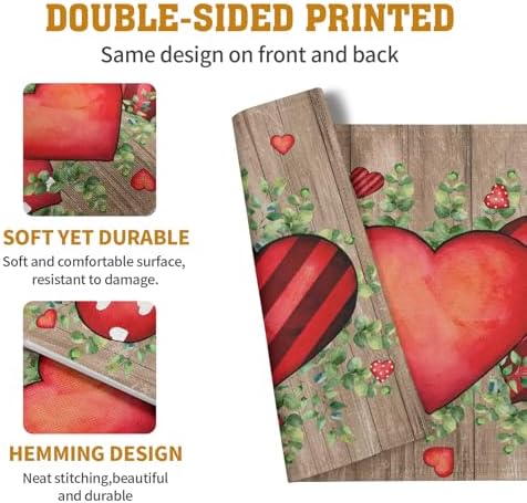 Valentines Day Wooden Plank Placemats Set of 4, 12x18 Inch Valentine Eucalyptus Leaves Heart Dining Table Placemats Wedding Washable Heat Resistance Place Mats for Party Kitchen Dining Decor