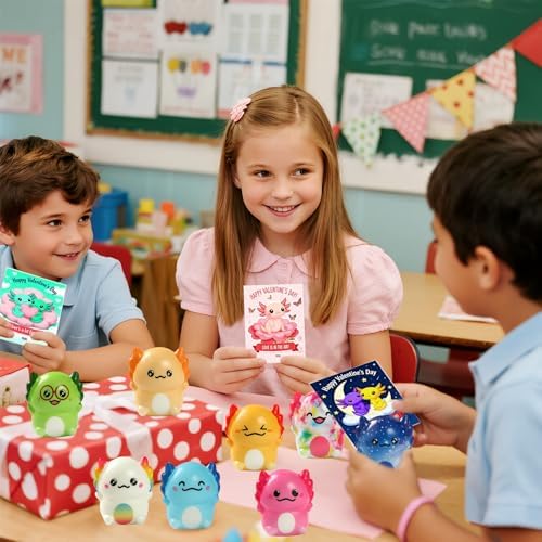 24 PCS Valentines Day Gift Cards with Axolotl Squishy Toys,Valentine's Axolotl Slow Rising Stress Relief Squishies Fidget Toys Bulk for Adults,Valentine's Party Favor