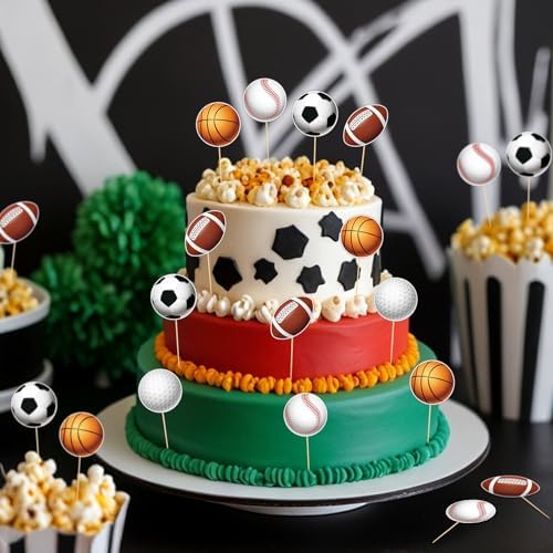 Hooqict 40Pcs Sports Cupcake Toppers Football Soccer Basketball Baseball Golf Ball Cake Topper Decorations Cupcake Picks for Kids Boys Men Game Day Sports Themed Birthday Party Decorations