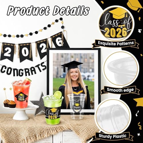100 Pack 16oz Black Graduation Decorations Cups, Class of 2026 Disposable Plastic Cups, Sturdy & Durable Tableware for High School College Grad Party Decorations Supplies