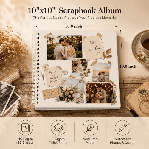 10x10 Inch DIY Scrapbook Album 40 Pages (20 Sheets), Hardcover Kraft Paper