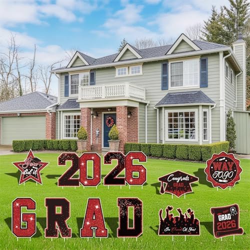 Graduation Yard Signs Class of 2026 Decorations 11pcs Black and Red Congrat