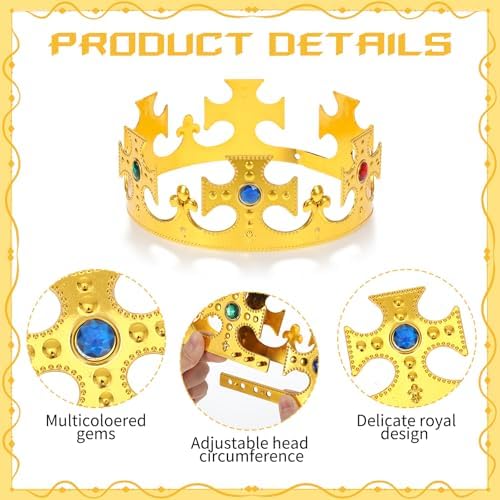 Rainmae 24 Pcs King Crown Gold Adjustable Party Royal Costume Jeweled Prince Crown Plastic Crown for Birthday Party Cosplay Halloween Photo Booth Accessories