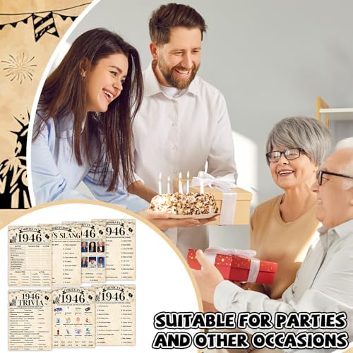 70Pcs 80th Birthday Party Games Born In 1946 Fun 1946 Trivia Music Slang Books Game Double-Sided Game Cards Vintage 80th Birthday Party Supplies for 80 Year Old Activity Anniversary Class Reunion