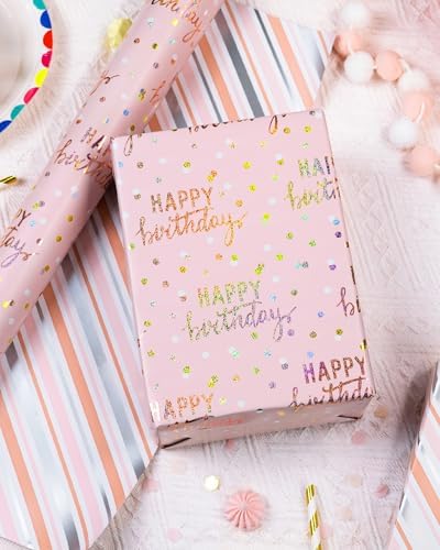 MAYPLUSS Birthday Wrapping Paper Roll, Pink Metallic Holographic Happy Birthday Wrapping Paper Featuring Revesible Stripe Gift Wrap Paper for Girls Boys Kids Men, 17 Inches x 33 Feet