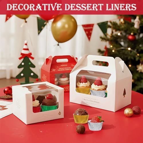 100PCS Christmas Cupcake Liners Red Green Gold Silver Foil Baking Cups Standard Muffin Cupcake Wrappers for Xmas Carnival Wedding Baby Shower Birthday Party