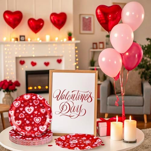 Whaline 40 Pcs Valentine's Day Heart Paper Plates Disposable Plates 9 Inch Red Love Heart Party Tableware for Wedding Anniversary Table Decor Supplies