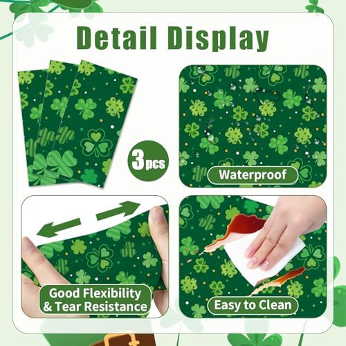 3-Piece 54 x 108 Inch St. Patrick’s Day Plastic Tablecloth – Green Shamrock Disposable Rectangle Table Covers for Irish Party, Lucky Day Celebrations, and St. Paddy’s Decorations