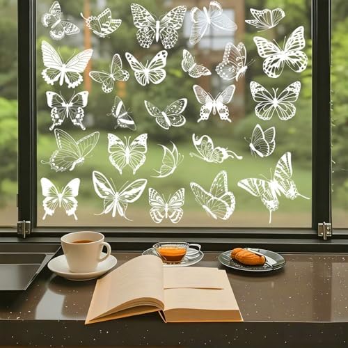 26Pcs Butterfly Static Cling Window Decals 4 Sheets White PVC Removable Reusable Glass Stickers Spring Summer for Home Window Decor Window Clings for Glass Doors Windows