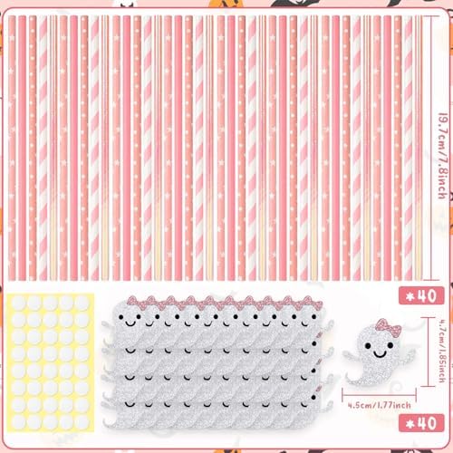 40Pcs Pink Halloween Paper Straws Cute Glitter Ghosts Girly Halloween Disposable Striped Wavy Dot Straws Bulk for Halloween Baby Shower Birthday Party Favors Supplies