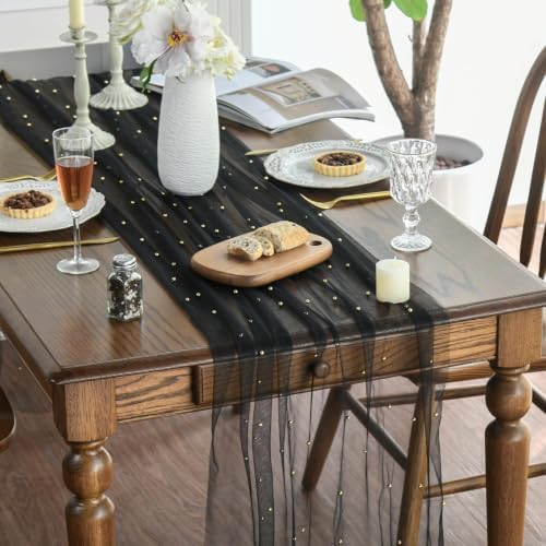 Artoid Mode 10-Pack Pearl Black Gauze Table Runner 10FT Home Decor