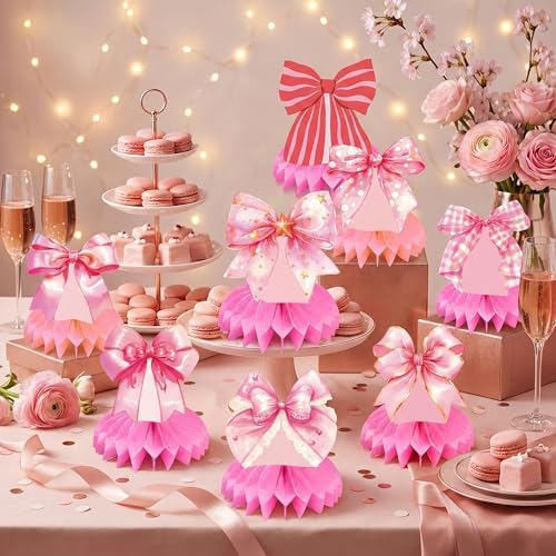 Pink Bow Honeycomb Centerpieces - Coquette Theme Party Table Decorations