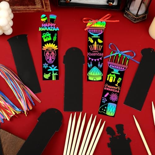 JUNEBRUSHS 30Pcs Kwanzaa Craft for Kids, Rainbow Magic Scratch Art Bookmark