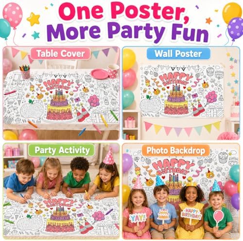 Happy Birthday Giant Coloring Tablecloth, 28 x 72 Inch Kids Party Poster
